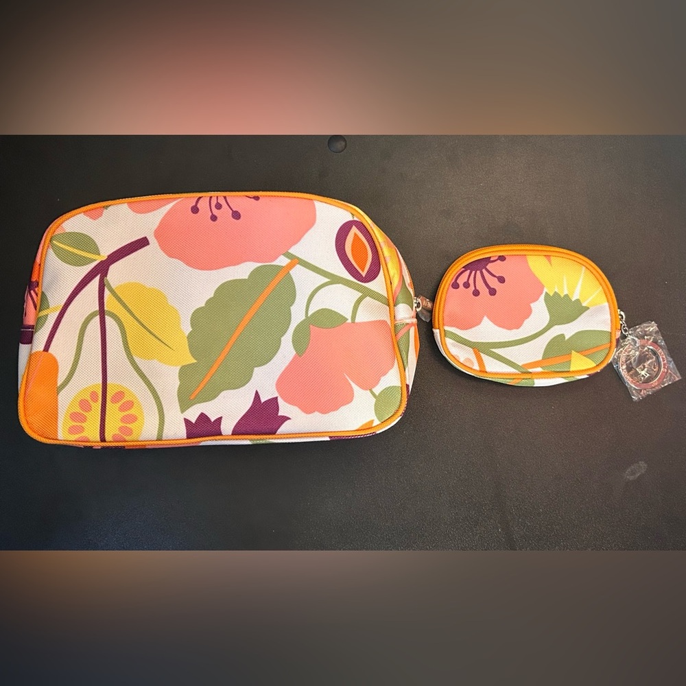 CLINIQUE Makeup Bag & Coin Purse Set Travel Cosmetic Zip Pouch Floral Retro NEW